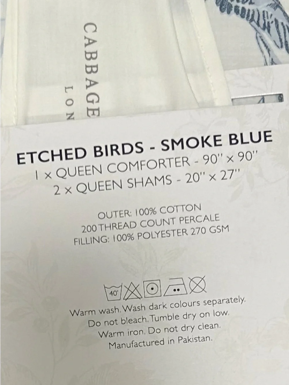 Cabbage & Roses Blue and White Etched Birds Queen Comforter Set 90”x90”